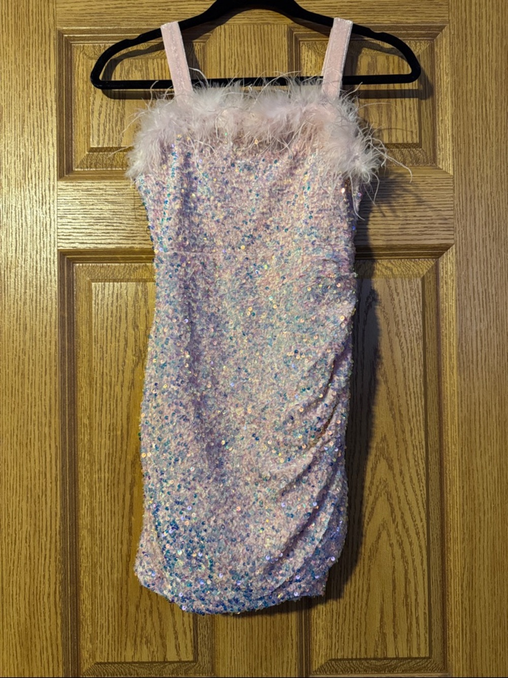 Sparkling Pink Sequin Feather-Trim Girls' Formal Dress